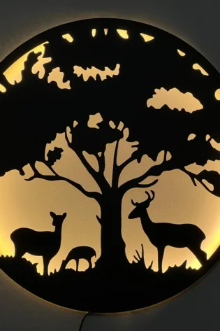 Backlit Deer Family Tree 3D Metal Wall Art 24 Inch